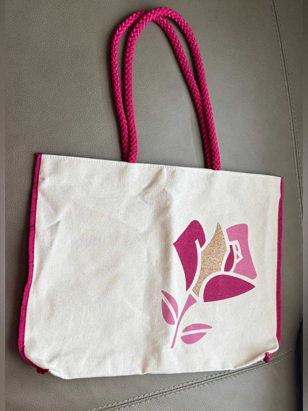 Lancome Cream Tote with Pink Rose Graphic and Hot Pink Handles NEW